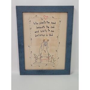 Vintage Framed Handmade Folk Art Needlework Planting Gardener 12.75 x‎ 16.75